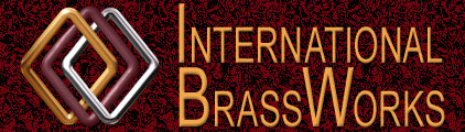 Gold and Maroon Lettering "International Brass Works" with three diamond shapeds to the left of the lettering