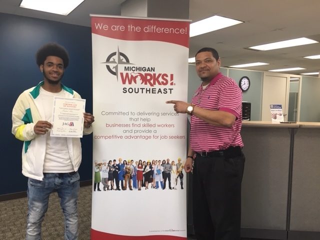 Rapheal White and Michael Cain Pose for Congratulatory Picture at Michigan Works! Southeast